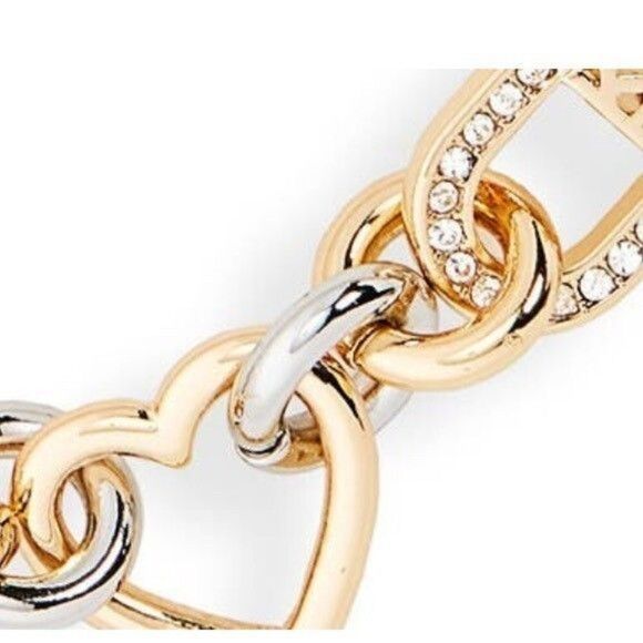 New Karl Lagerfeld Paris Two Tone Pave Crystal Heart Logo Link Collar Necklace - Picture 3 of 5